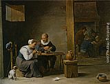 A man and woman smoking a pipe seated in an interior with peasants playing cards on a table by David the Younger Teniers